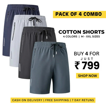 Combo of 4 Men's Stretchable Cotton Shorts for Summers 🌞👕